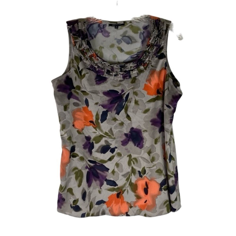 Anne Klein Tank Top Women’s Purple Gray Floral Sleeveless Business Casual Ruffle - Picture 1 of 9